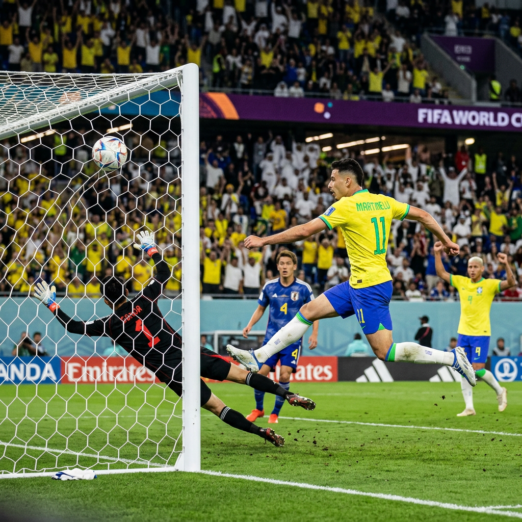 Brazil number 11 Martinelli jumping to score a goal past Japanese goalkeeper