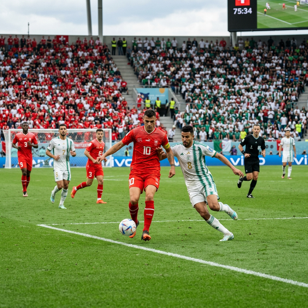 Soccer player in red with ball challenged by player in white and green near field corner