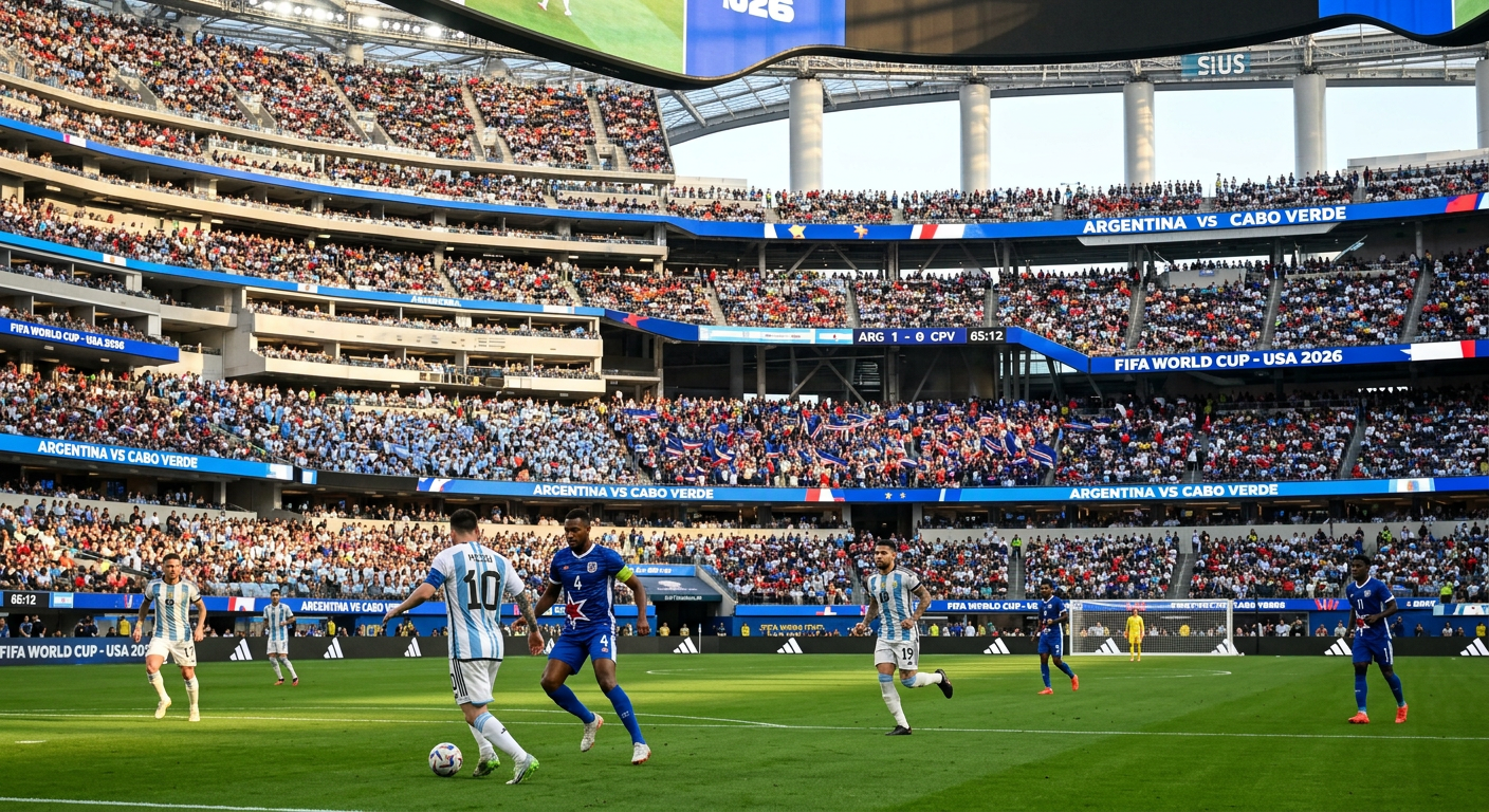 Soccer players from Argentina and Cabo Verde on the field during FIFA World Cup 2026 match with crowd and scoreboard in stadium